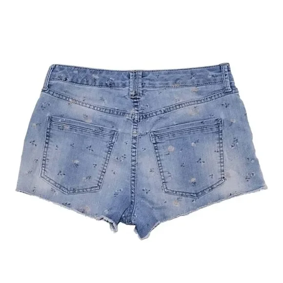 Wild Fable Rose Print Denim Jean Cut Off Shorts Jr Sz 9 Raw Fringe Hem - Picture 2 of 10